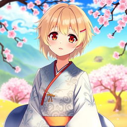 A young girl with short blonde hair and striking red eyes, displaying a tender smile