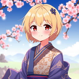 A young girl with short blonde hair and striking red eyes, displaying a tender smile