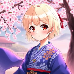 A young girl with short blonde hair and striking red eyes, displaying a tender smile