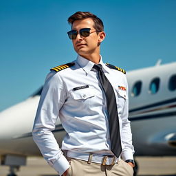 A polished and stylish pilot, wearing a crisp white uniform, complete with gold insignia and epaulets on the shoulders
