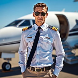 A polished and stylish pilot, wearing a crisp white uniform, complete with gold insignia and epaulets on the shoulders