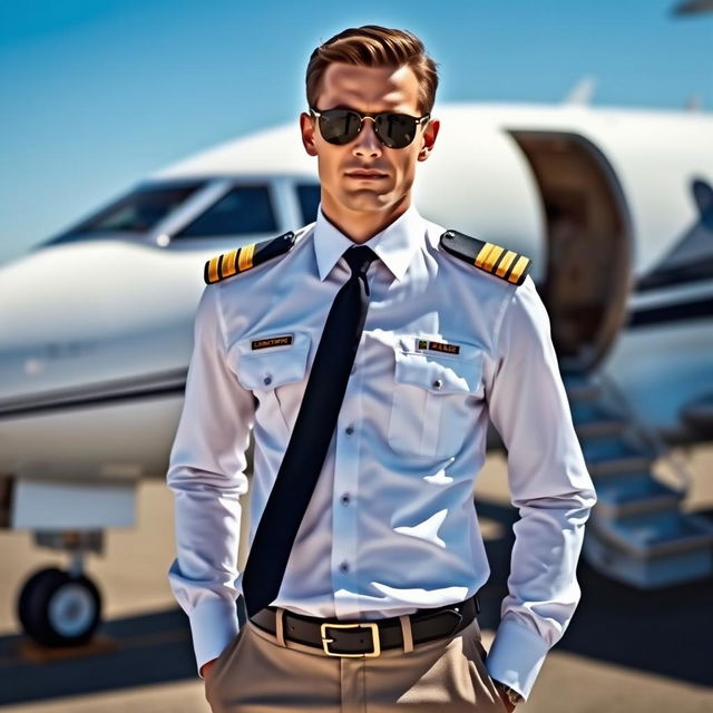 A polished and stylish pilot, wearing a crisp white uniform, complete with gold insignia and epaulets on the shoulders