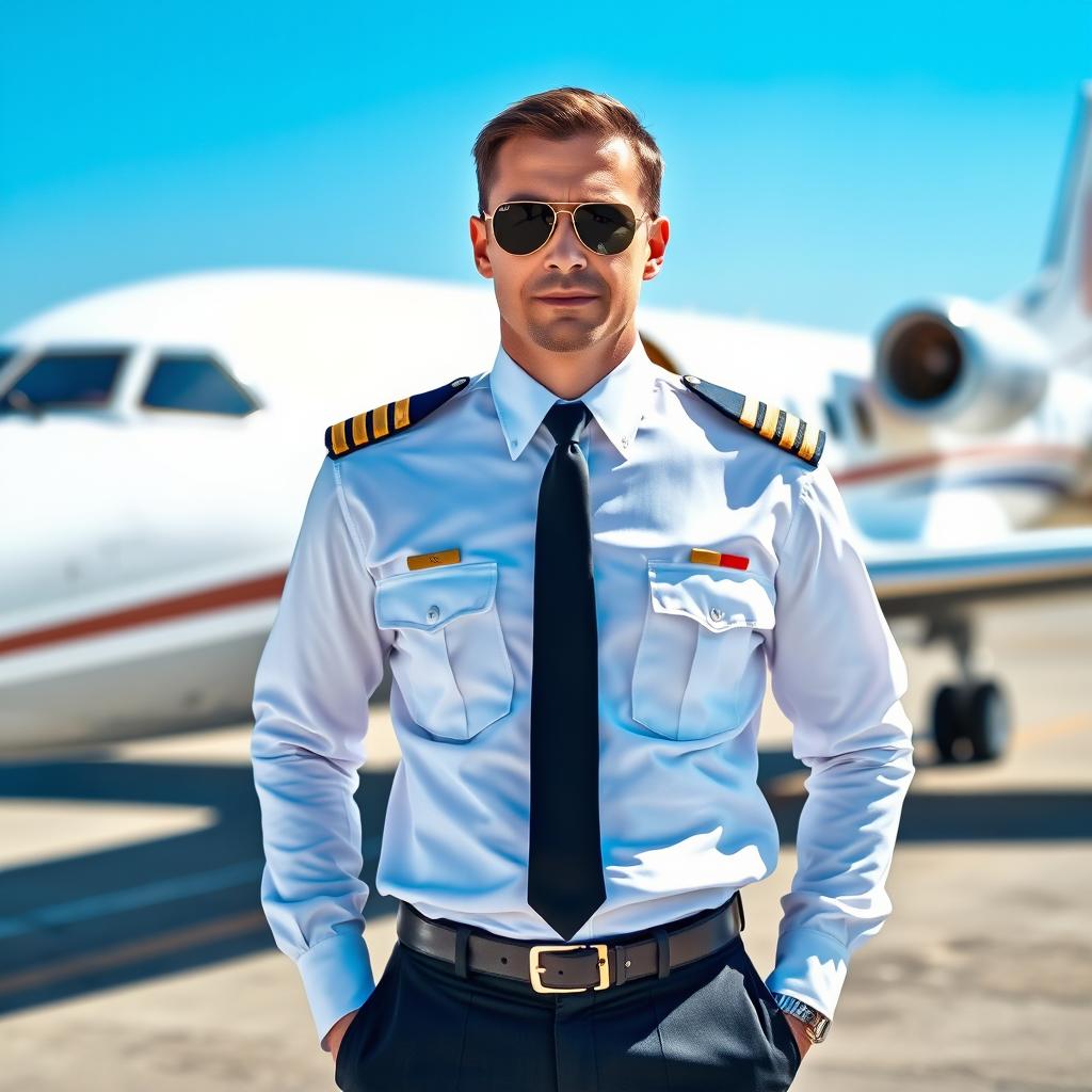 A polished and stylish pilot, wearing a crisp white uniform, complete with gold insignia and epaulets on the shoulders