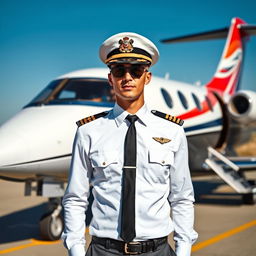 A polished and stylish pilot, wearing a crisp white uniform, complete with gold insignia and epaulets on the shoulders