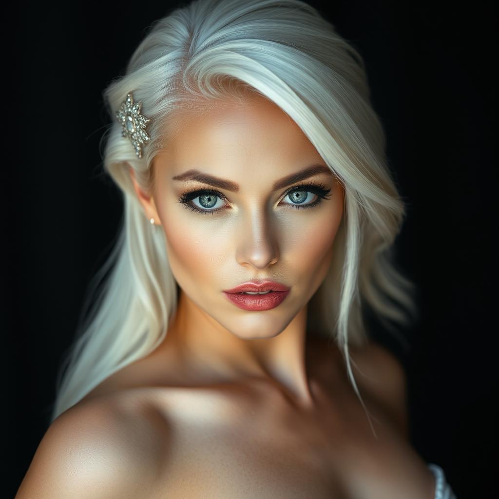 A captivatingly beautiful woman with an imposing presence, featuring stunning snow-white hair cascading to her shoulders, creating a striking contrast with her smooth and fair skin