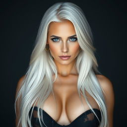 A captivatingly beautiful woman with an imposing presence, featuring stunning snow-white hair cascading to her shoulders, creating a striking contrast with her smooth and fair skin
