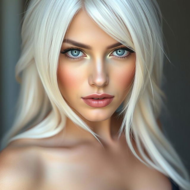 A captivatingly beautiful woman with an imposing presence, featuring stunning snow-white hair cascading to her shoulders, creating a striking contrast with her smooth and fair skin