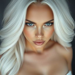 A captivatingly beautiful woman with an imposing presence, featuring stunning snow-white hair cascading to her shoulders, creating a striking contrast with her smooth and fair skin