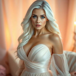 A stunning woman with large breasts, white hair, and striking blue eyes wearing an elegant dress