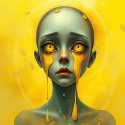 A surreal and artistic representation titled 'Lágrimas Amarillas', showcasing vibrant, yellow tears flowing from the eyes of a melancholic figure