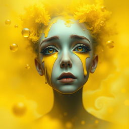 A surreal and artistic representation titled 'Lágrimas Amarillas', showcasing vibrant, yellow tears flowing from the eyes of a melancholic figure