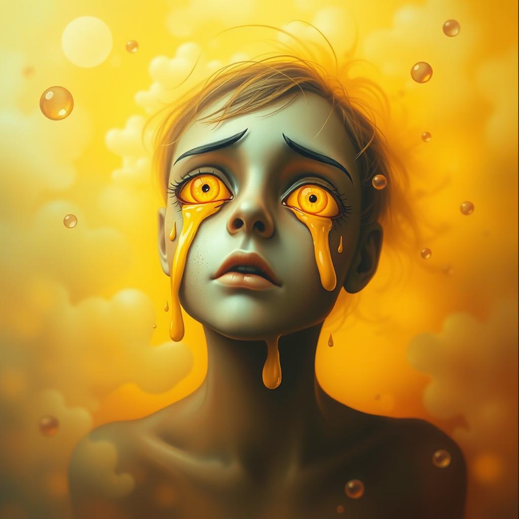 A surreal and artistic representation titled 'Lágrimas Amarillas', showcasing vibrant, yellow tears flowing from the eyes of a melancholic figure