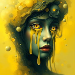 A surreal and artistic representation titled 'Lágrimas Amarillas', showcasing vibrant, yellow tears flowing from the eyes of a melancholic figure