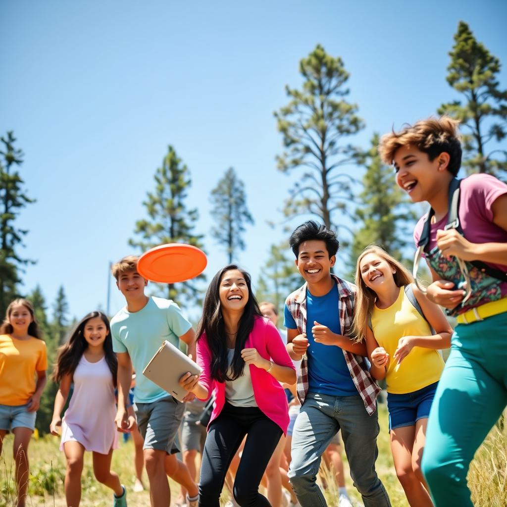 A vibrant outdoor scene featuring a lively youth group enjoying activities in nature during a sunny day