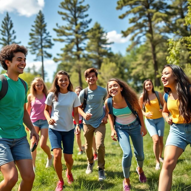 A vibrant outdoor scene featuring a lively youth group enjoying activities in nature during a sunny day