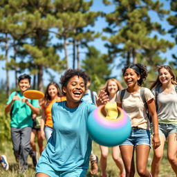 A vibrant outdoor scene featuring a lively youth group enjoying activities in nature during a sunny day