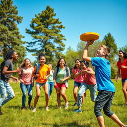 A vibrant outdoor scene featuring a lively youth group enjoying activities in nature during a sunny day