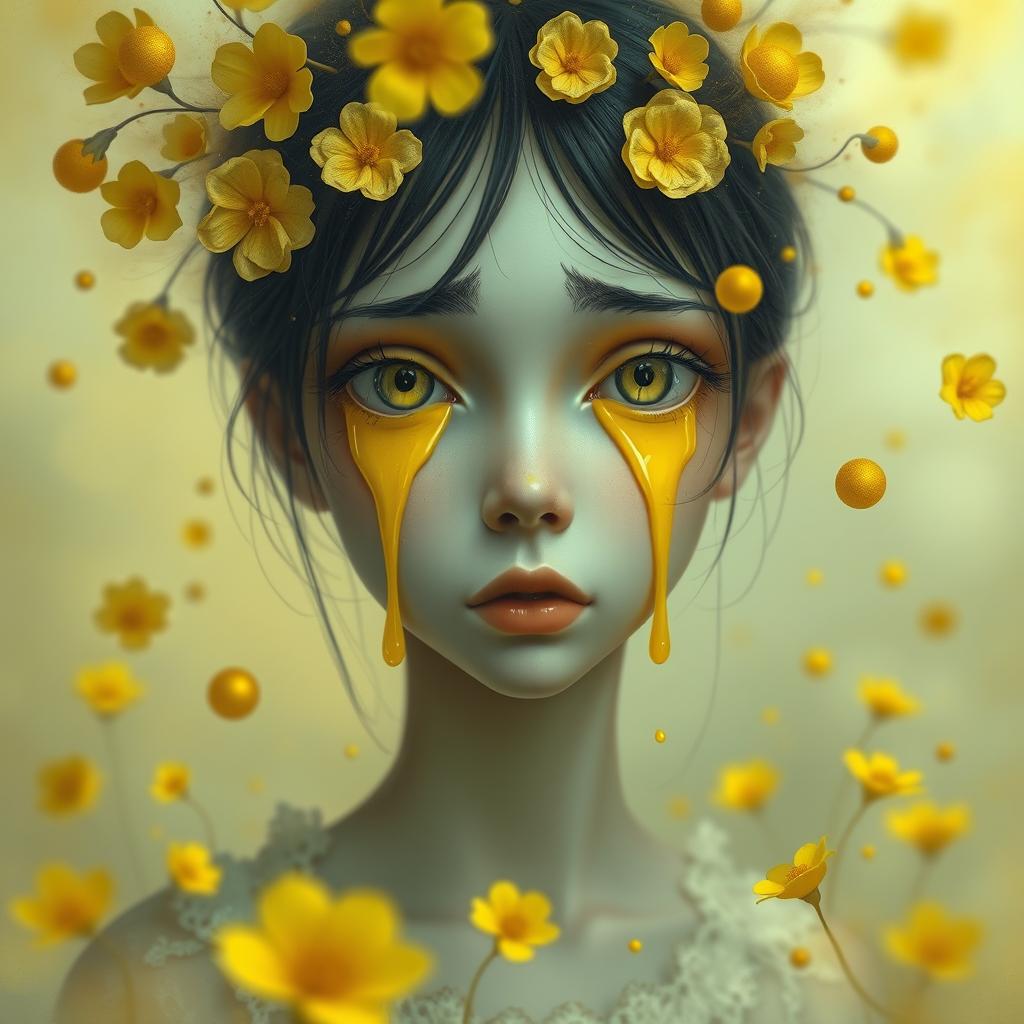 A surreal and artistic piece titled 'Lágrimas Amarillas', featuring a character with striking yellow tears cascading from their eyes