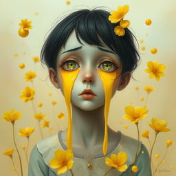 A surreal and artistic piece titled 'Lágrimas Amarillas', featuring a character with striking yellow tears cascading from their eyes