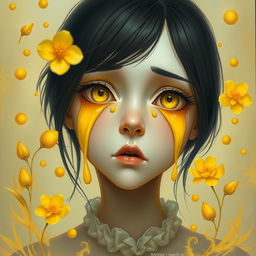 A surreal and artistic piece titled 'Lágrimas Amarillas', featuring a character with striking yellow tears cascading from their eyes