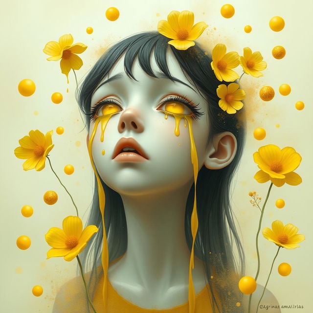 A surreal and artistic piece titled 'Lágrimas Amarillas', featuring a character with striking yellow tears cascading from their eyes