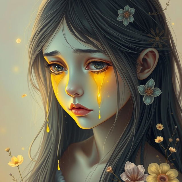 A captivating portrait of a girl with long flowing hair, shedding vibrant yellow tears that shimmer as they cascade down her cheeks