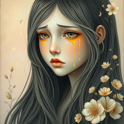 A captivating portrait of a girl with long flowing hair, shedding vibrant yellow tears that shimmer as they cascade down her cheeks