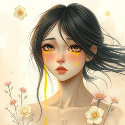 A captivating portrait of a girl with long flowing hair, shedding vibrant yellow tears that shimmer as they cascade down her cheeks