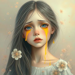 A captivating portrait of a girl with long flowing hair, shedding vibrant yellow tears that shimmer as they cascade down her cheeks