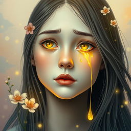 A striking portrait of a girl with long, flowing hair, her face featuring luminous yellow tears glistening as they fall down her cheeks