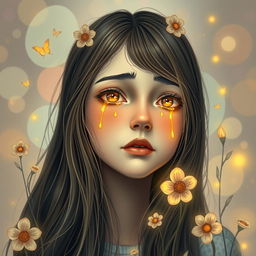 A striking portrait of a girl with long, flowing hair, her face featuring luminous yellow tears glistening as they fall down her cheeks