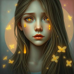 A striking portrait of a girl with long, flowing hair, her face featuring luminous yellow tears glistening as they fall down her cheeks