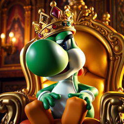A vibrant scene of Yoshi from the Mario franchise sitting angrily on a lavish golden throne