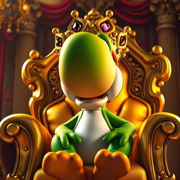A vibrant scene of Yoshi from the Mario franchise sitting angrily on a lavish golden throne