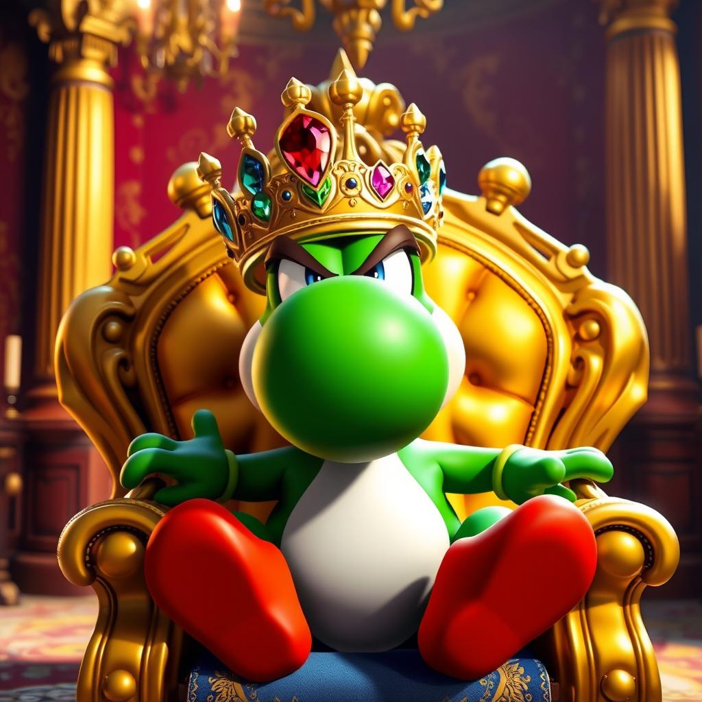 A vibrant scene of Yoshi from the Mario franchise sitting angrily on a lavish golden throne