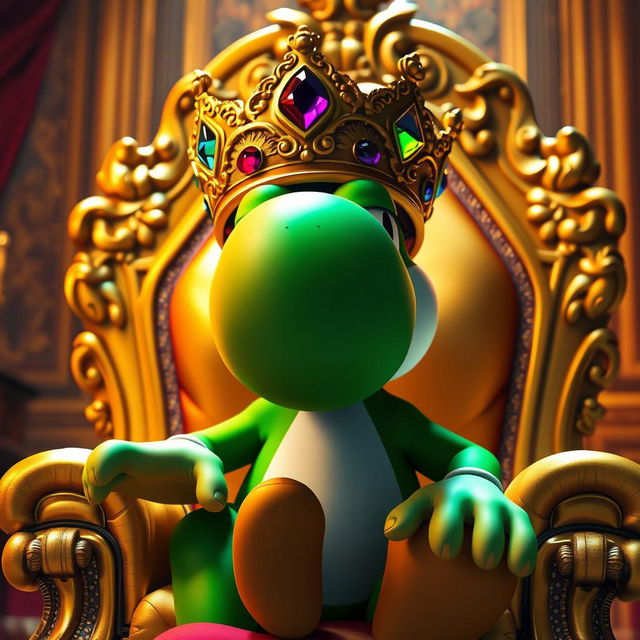 A vibrant scene of Yoshi from the Mario franchise sitting angrily on a lavish golden throne