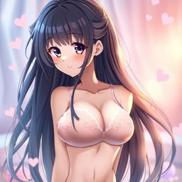 A stunning anime girl with long flowing hair, large expressive eyes, and a playful smile