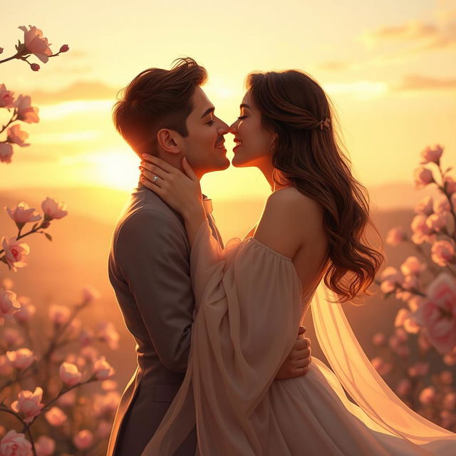 A romantic scene of two adults kissing each other tenderly, surrounded by a soft, dreamy atmosphere