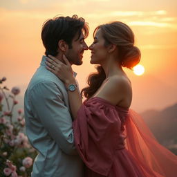 A romantic scene of two adults kissing each other tenderly, surrounded by a soft, dreamy atmosphere