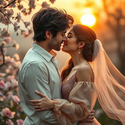 A romantic scene of two adults kissing each other tenderly, surrounded by a soft, dreamy atmosphere