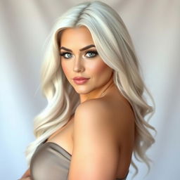 A beautiful curvy woman with long white hair, fair skin, and striking grey and blue eyes