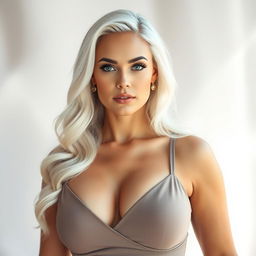 A beautiful curvy woman with long white hair, fair skin, and striking grey and blue eyes