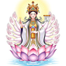 An illustration of Goddess Kwan Im, the goddess of mercy in Asian culture, depicted with a thousand elegant and symmetrical hands