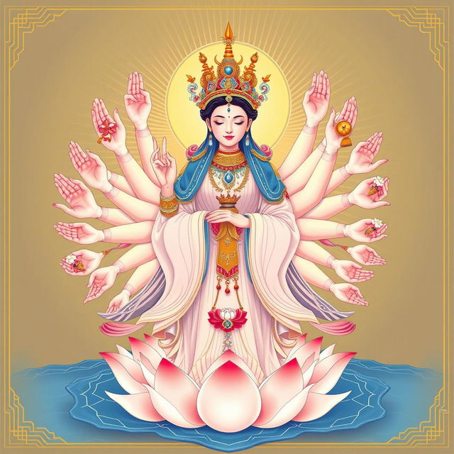 An illustration of Goddess Kwan Im, the goddess of mercy in Asian culture, depicted with a thousand elegant and symmetrical hands