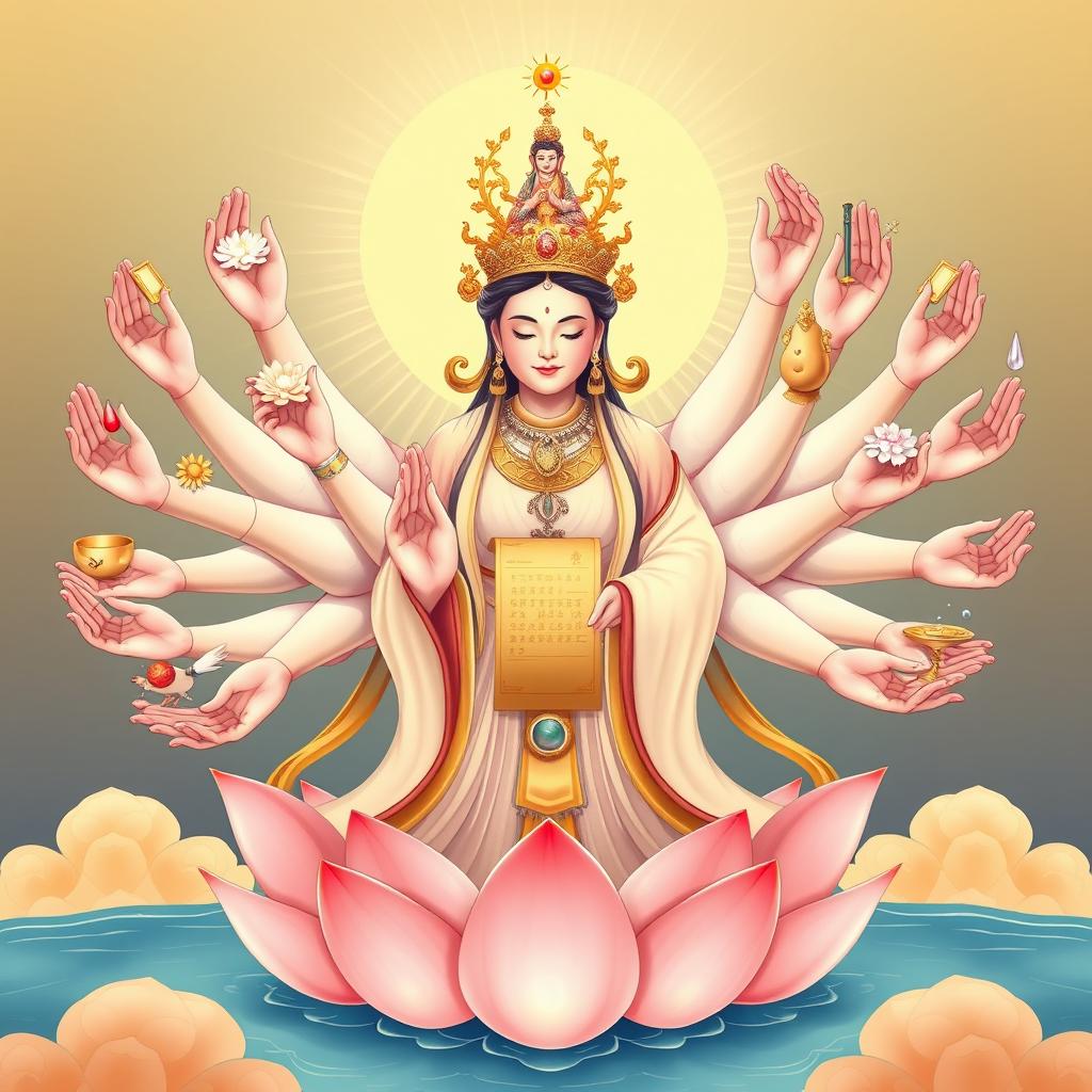 An illustration of Goddess Kwan Im, the goddess of mercy in Asian culture, depicted with a thousand elegant and symmetrical hands