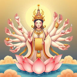 An illustration of Goddess Kwan Im, the goddess of mercy in Asian culture, depicted with a thousand elegant and symmetrical hands