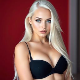 A woman with long white hair and fair skin, her eyes are a captivating mix of gray and blue