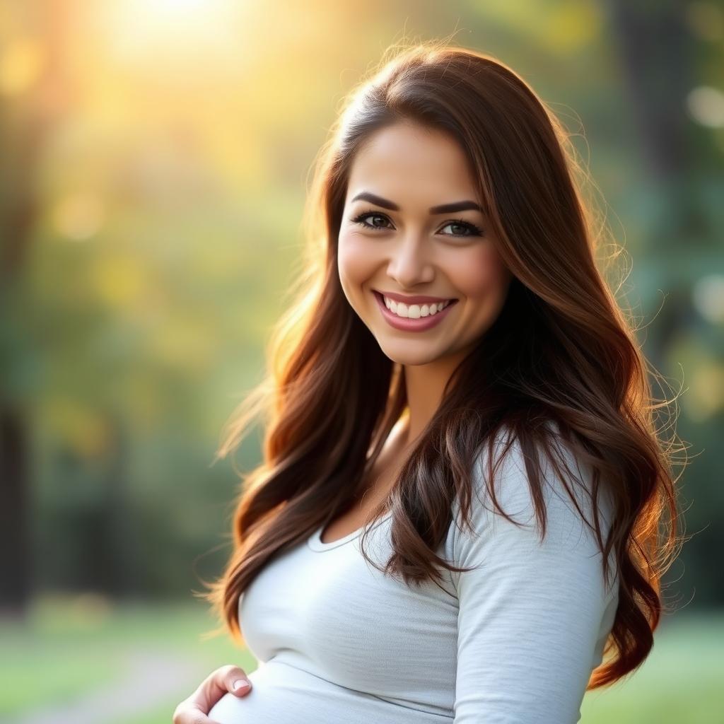 A beautiful portrait of a pregnant woman with a glowing face, showcasing her radiant smile and joy