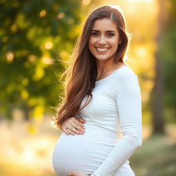 A beautiful portrait of a pregnant woman with a glowing face, showcasing her radiant smile and joy