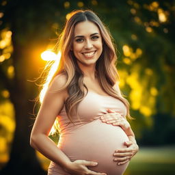 A beautiful portrait of a pregnant woman with a glowing face, showcasing her radiant smile and joy